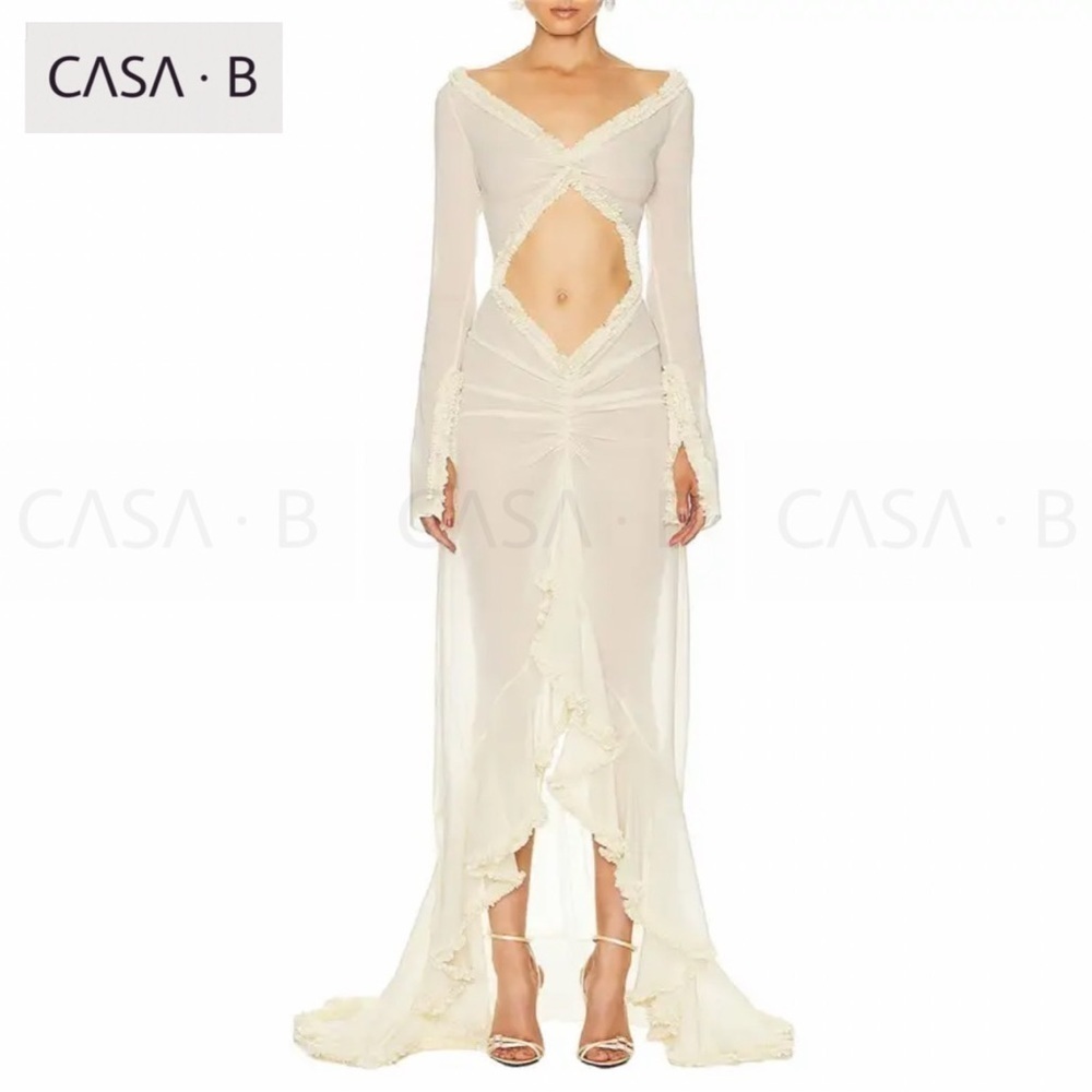 5⭐️CASA B| “Glamour de Cannes” Mesh Cut-Out Cream Sheer Frill Gown